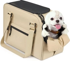 BurgeonNest Dog Purse Carrier Soft Sided Plush Pet Bag with Harness Clip, Khaki