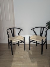 Set of 6 Dining Chairs – Natural Woven Seats & Black Wooden Legs – Scandinavian