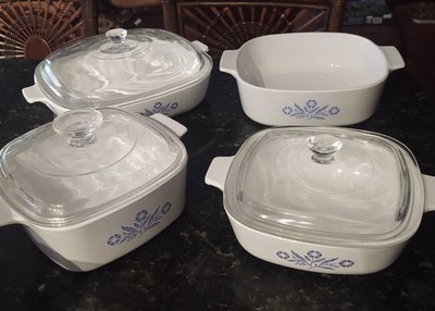 Vintage Lot of 4 CorningWare Blue Cornflower Casserole Dishes With Pyrex 3 Lids