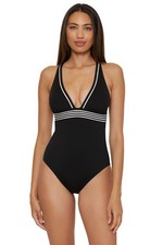 NEW 172 TRINA TURK MONACO PLEATED PLUNGE ONE PIECE SWIMSUIT BLACK/WHITE SZ 6