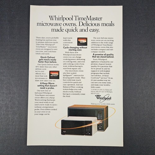 1985 Whirlpool TimeMaster Microwave Oven Vintage Print Ad Home Appliance Kitchen