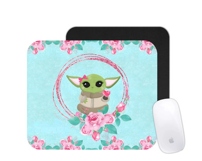 Floral Alien Creature Mouse Pad | Cute Grogu Fantasy Desk Mat | Custom Gift