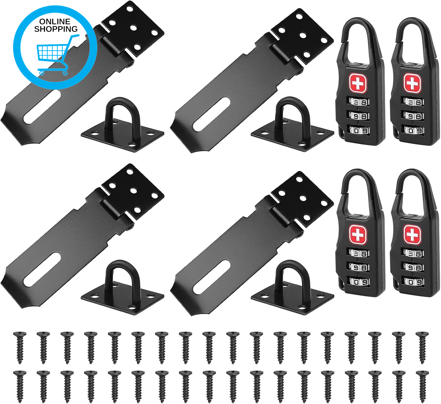 4 Pcs Padlock Hasp with Staple and 4 Pcs Code Lock, Heavy Duty Padlock Hasp and