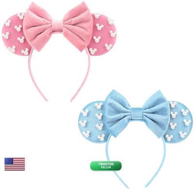 DRESHOW Mouse Ears Women Pearl Hairbands Bow Head Bands Velvet Head Band