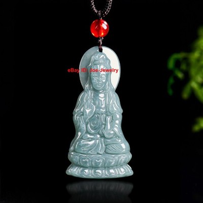 Natural Grade A Jade Blue Water Kwan-yin Pendant 42.5mm H +Cord Necklace