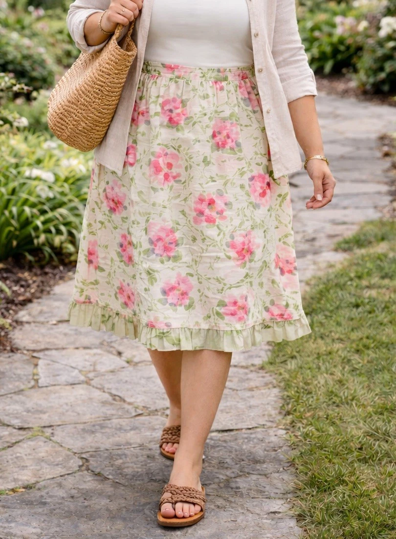 J Jill Linen Floral Skirt Womens XL Green Pink Cottagecore Pleated Knee Length