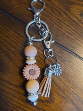 Beige Brown Cornflower Beaded Keychain with Tassell and Silver Bling Spacer