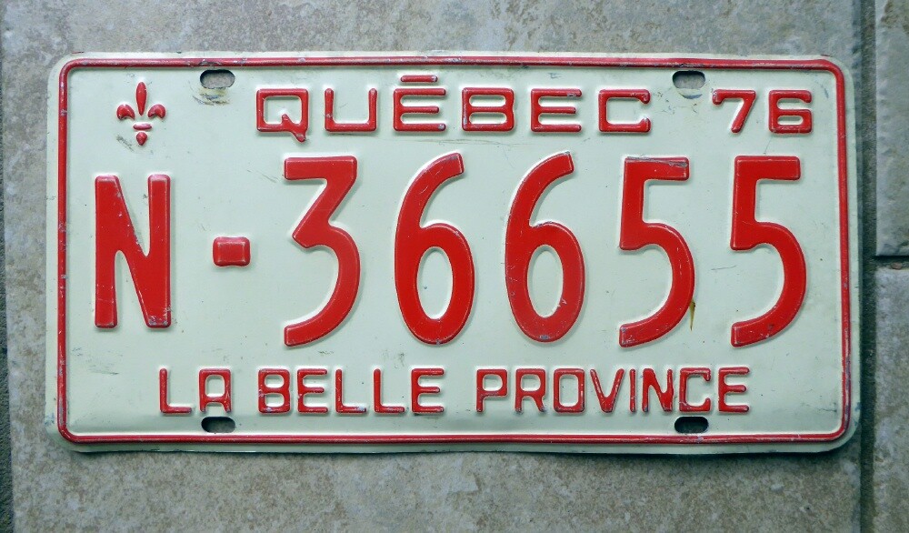 1976 Quebec Canada License Plate N36655 Vintage Automobile Plate