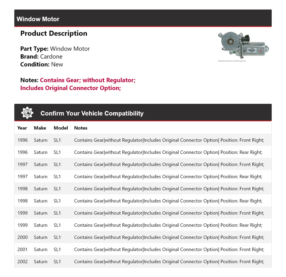 Para 1996-2002 Saturn SL1 motor de janela Cardone 1997 1998 1999 2000 2001 - Imagem 2 de 4