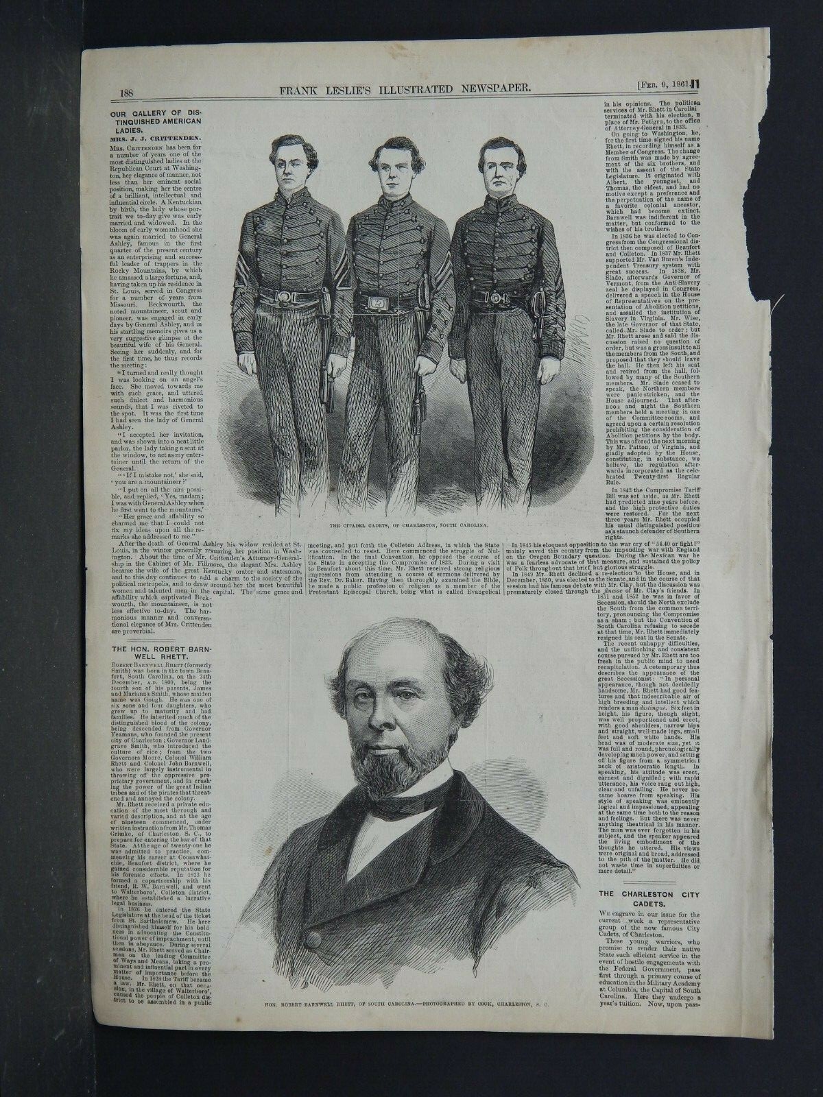 Frank Leslie's Illustrated Newspaper AA511 Hon. Robert Barnwell Rhett
