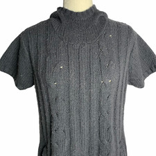 Bench Wool Blend Cable Knit Sweater Dress L Grey Short Sleeve Pockets Scuba Hood