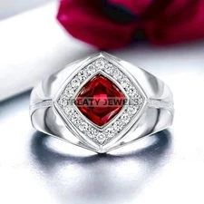 Garnet Cushion Cut Gemstone With 925 Sterling Silver Ring For Men's #635