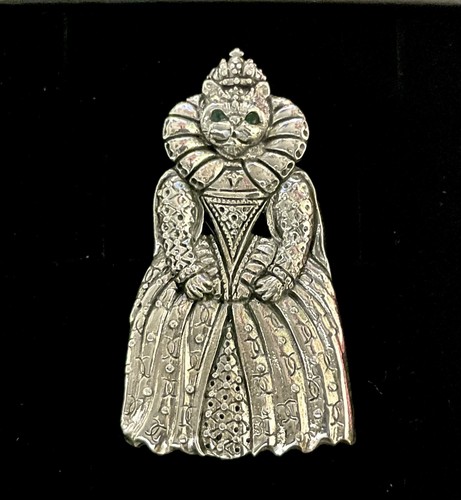 Sterling Silver Emerald Tudor style Royal Cat Queen Brooch Lapel Pin Pendant - Picture 1 of 4