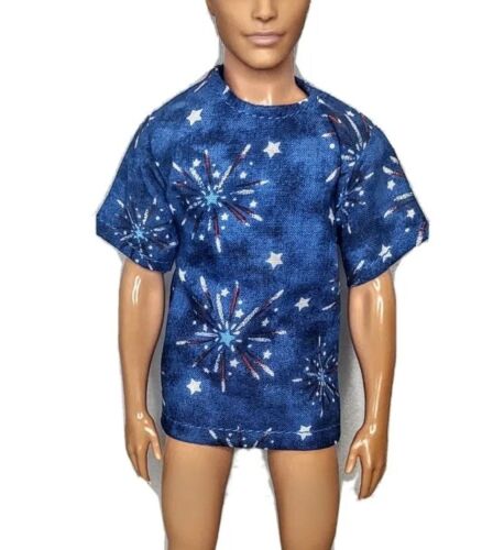 Blue T-shirt Shirt Patriotic 4th of July Fireworks Fits 12" Boy Fashion Doll 1:6