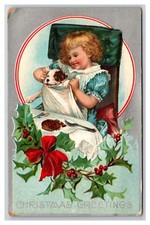 Little Girl w PUPPY dog at Dinner table eating meat loaf ~ embossed