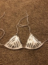 Victoria's Secret Bikini Top Only Sequined White Silver Stripe Large Vacation