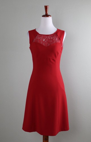 ANTONIO MELANI $159 Solid Red Sheer Lace Yoke Shift Heart Neckline Dress Size 0
