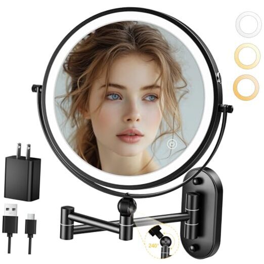 9 Inch Black Wall Mounted Makeup Mirror 4000mAh Rechargeable Double Sided LED