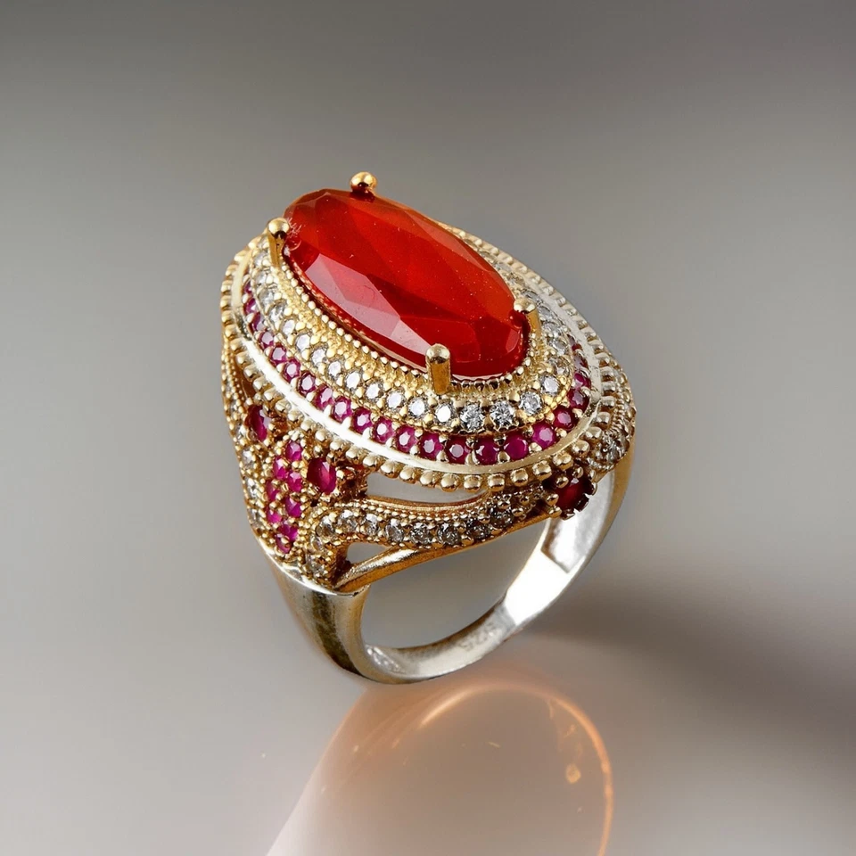 Anel feminino de prata esterlina 925 oval pedra vermelha zircão tamanho 6-10 - Imagem 2 de 4