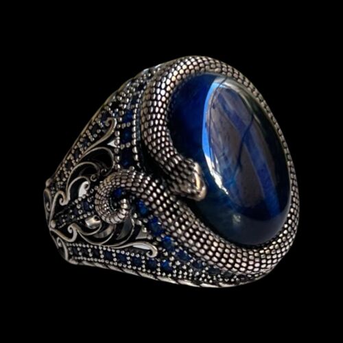 Solid 925 Sterling Silver Handmade Jewelry Blue Tiger's Eye Men's Ring All Size - Afbeelding 1 van 3