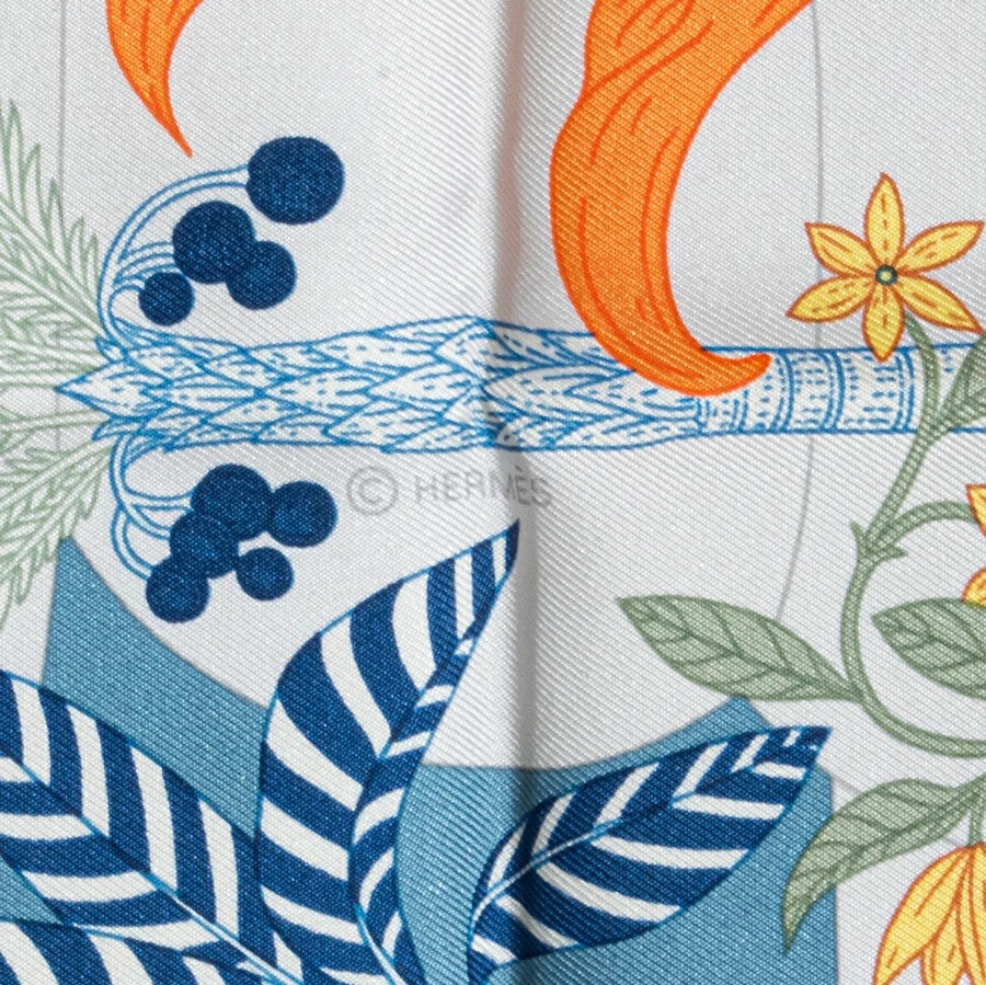 Hermes Carre 90 Precious Paradise Scarf Silk Twill Blue Jean