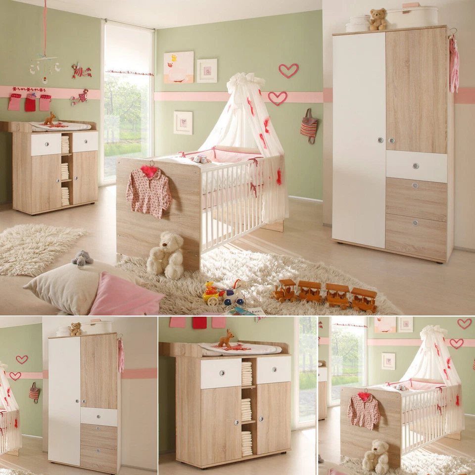 Babyzimmer 3-tlg Set Wiki Babybett Wickelkommode Schrank Sonoma Eiche sägerau