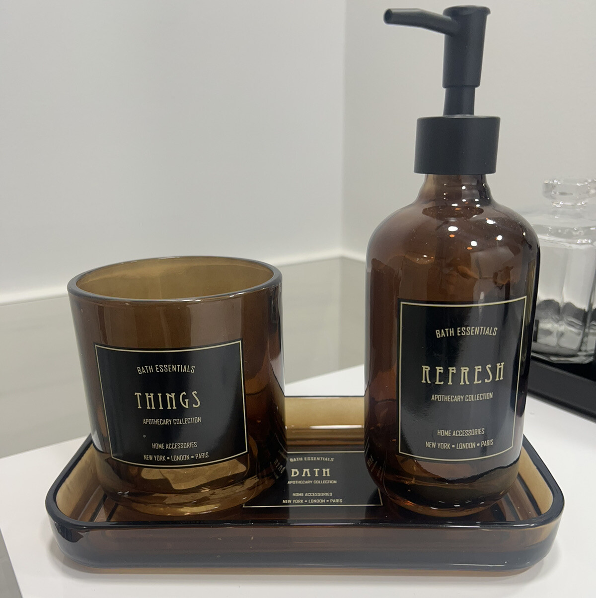 Hotel Balfour Apothecary Amber Glass Bathroom Soap Pump Vanity tray Qtip Holder eBay