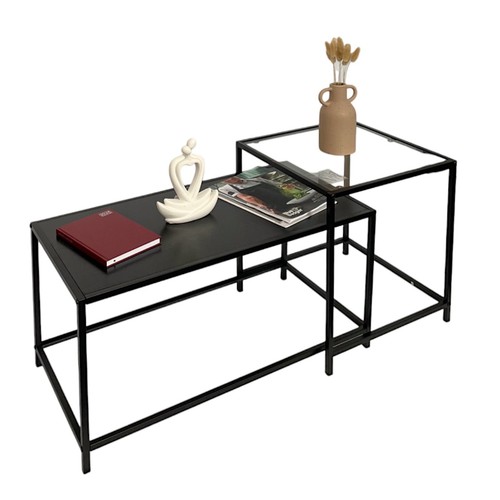 Set Of 2 Coffee Table Black Large Nesting Tables Side Table with Clear Glass Top - Picture 5 of 13
