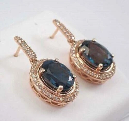 4Ct Oval Cut London Blue Topaz Diamond Drop-Dangle Earrings 14K Rose Gold Finish - Image 2 of 4