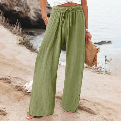 Women Cotton Linen Pants Solid Wide Leg Casual Loose Pants High Waist Trousers - Bild 15 von 36