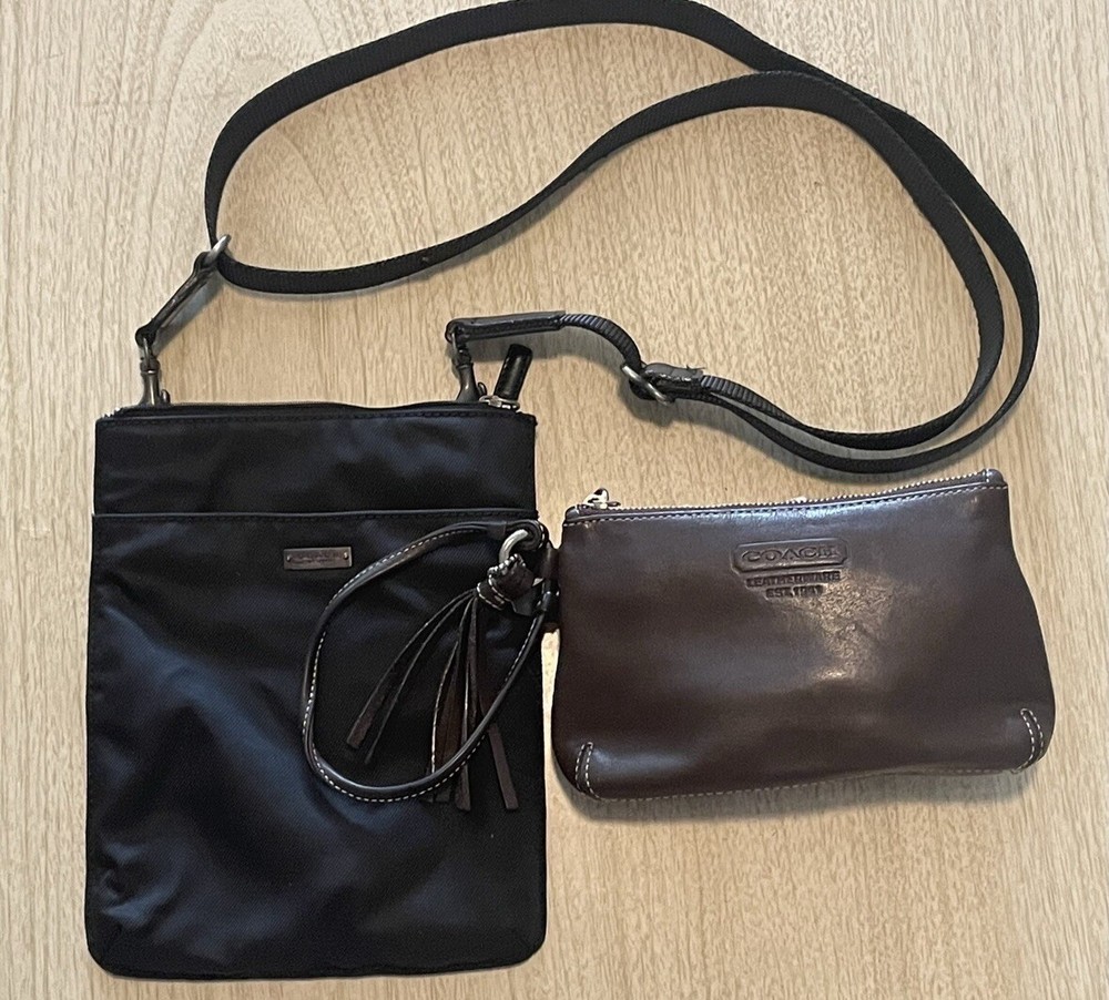 2 COACH Purses Small Crossbody Bag Black & Small Brown Leather Wristlet