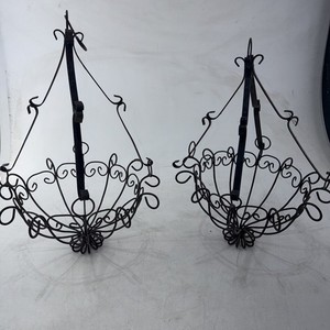 Vintage Wrought Iron Hanging Baskets Lot Of 2  11” Diameter 21” Tall W/hooks MCM