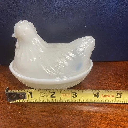 Vintage white milk glass chicken on  Nest Candy Dish 4 1/2 Inch long