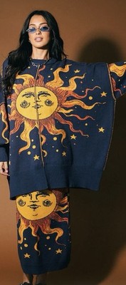 Made in LaLa Celestial Sun and Stars Sweater Skirt Set Navy 2 Piece