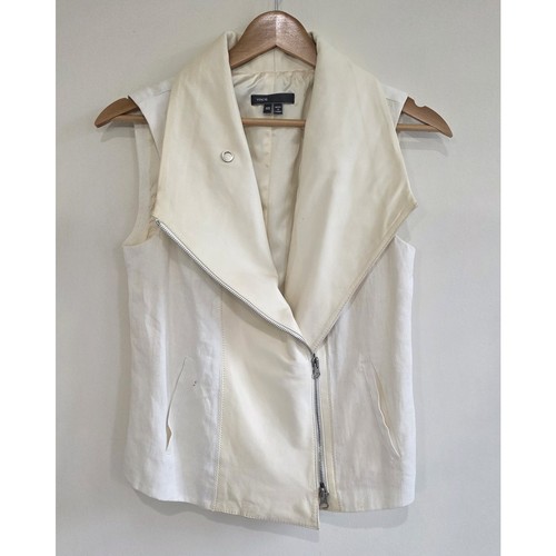 Vince Cream Linen Leather Asymmetrical Moto Vest XS