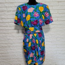 Caroline Wells Sz 14 Silk Dress Vibrant Tulip Floral Print Draped Wrap Style...