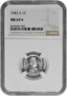 1943 S 1c Lincoln Steel Wheat Cent NGC Graded MS 67 Star in New Holder PL Obv