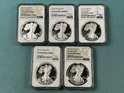 5 Pc Lot American Eagle Proof 1 oz Silver Coins PF69 NGC Mixed Years