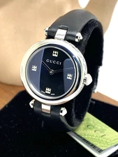 GUCCI Women's Watch YA141506 Swiss Quartz Silver Black Dial Leather Band 27mm