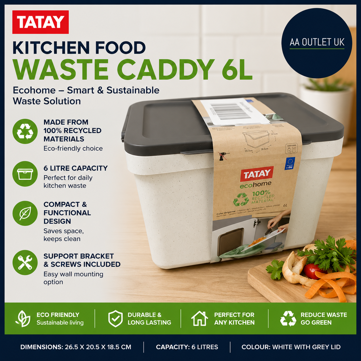 Tatay Kitchen Food Waste Caddy 6L Organic Bin Smart Support Bracket Ecohome
