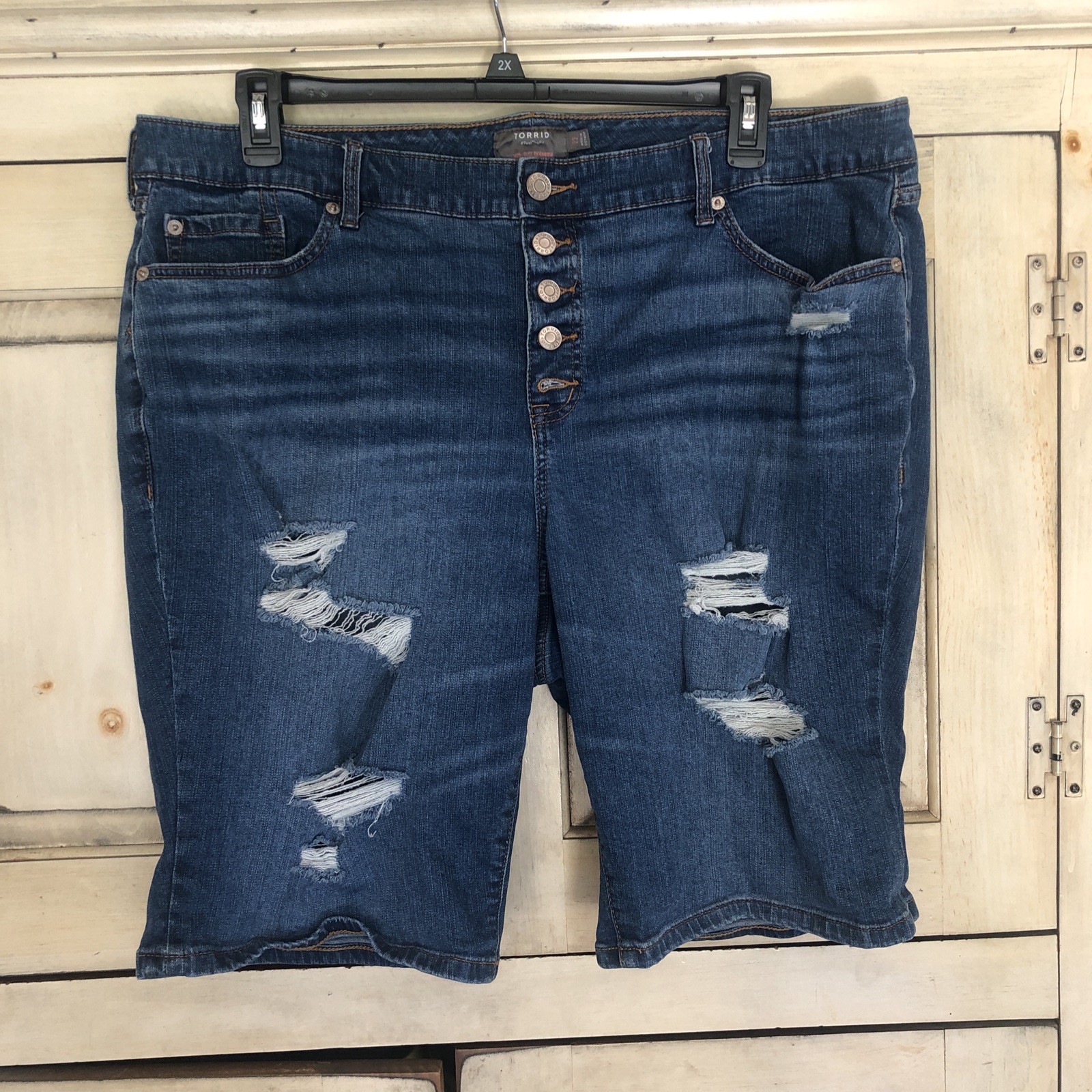 Torrid Shorts Women's 22 Blue Bermuda Distressed  Plus Size Button Up