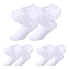 3 Pairs Baby Girl Double Lace Turn Cuff Cotton Girls Ruffle 4-6 Years White