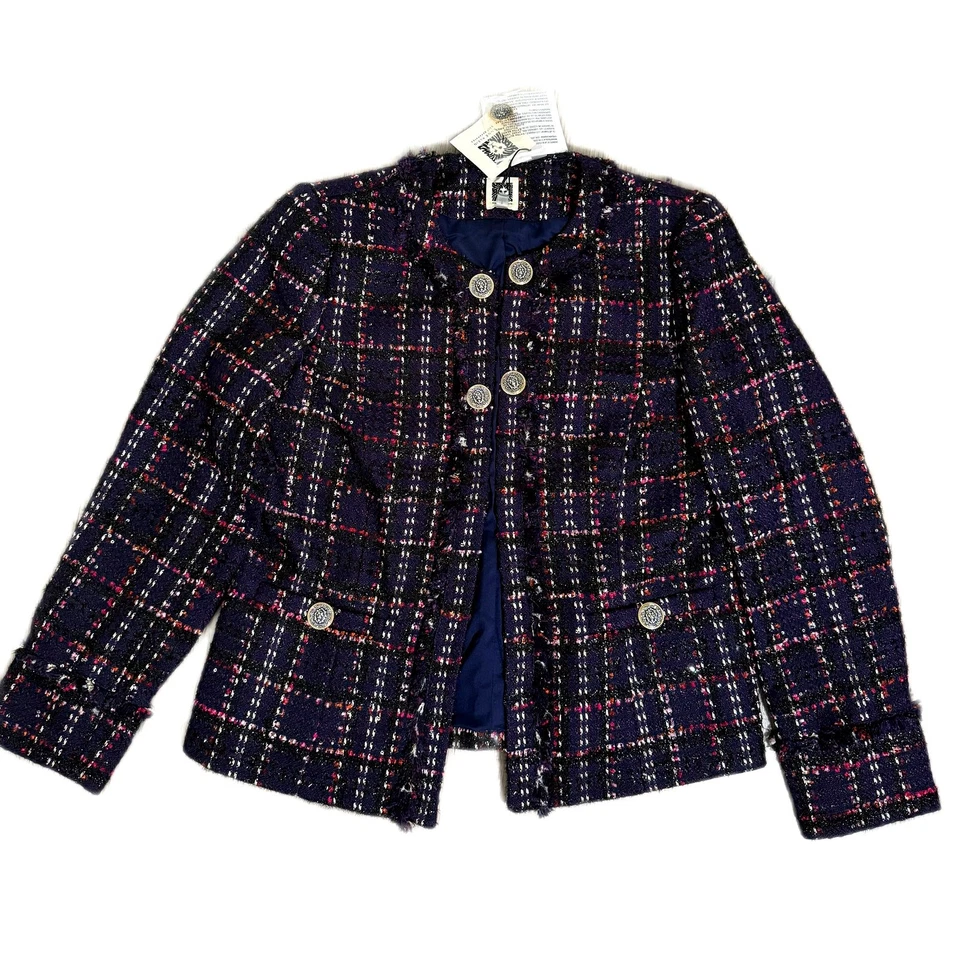 Anne Klein Tweed Kissing Front Jacket with Fringe Royal Purple - Size 6 - $189 - Image 2 of 4