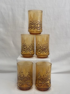 LIBBEY GoldBountyJuice Glasses S/5Gold  Wheat/RibbonPattern 3 5/8 @1970 s-1980 s