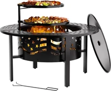 42 Inch Outdoor Fire Pit with 2 Grills, Wood Burning, Cover, Poker
