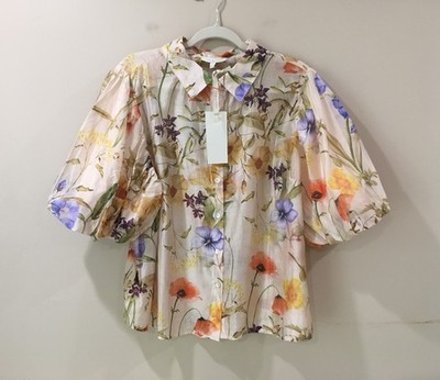NWT Lucky & Coco Women's 2X Floral Print Button Up Puff Sleeve Top Multicolor