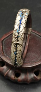 ANTIQUE CHINESE STERLING SILVER BAMBOO RATTAN WOOD BANGLE BRACELET