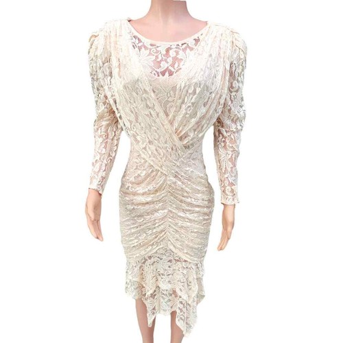 Lew Magram NY Vintage Pale Pink Lace Fitted Long Sleeve Dress Size 10 - Picture 2 of 15