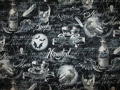 WICKED POTIONS BATS SKULLS CROWS BLACK WHITE GRAY COTTON FABRIC FQ