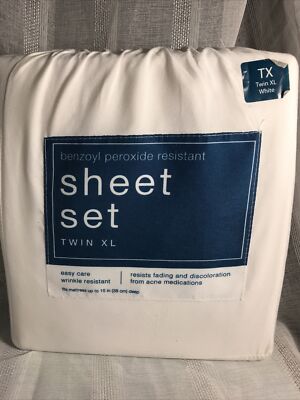 XL TWIN Sheet Set Benzoyl Peroxide-Resistant Microfiber White COLLEGE DORM NeW .